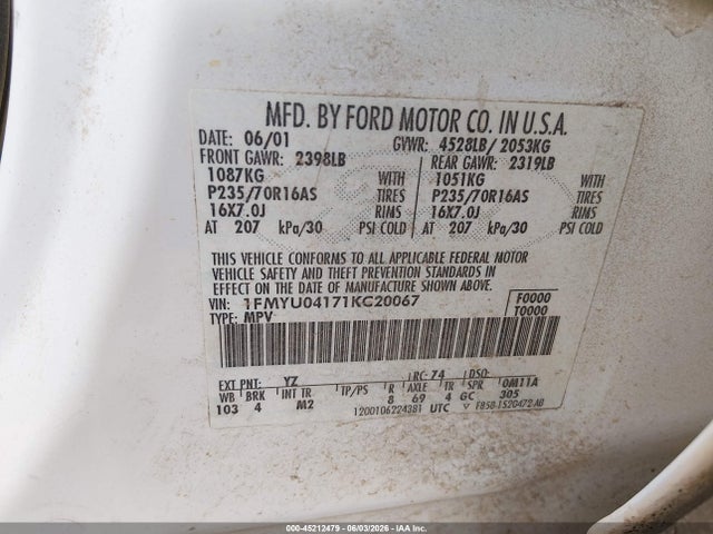 45212479 :رقم المزاد ، 1FMYU04171KC20067 vin ، 2001 Ford Escape Xlt مزاد بيع
