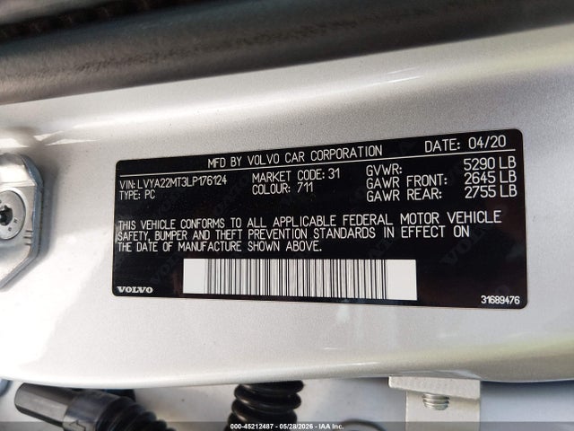 Aukcja sprzedaży 2020 Volvo S90 T6 R-design, vin: LVYA22MT3LP176124, numer aukcji: 45212487