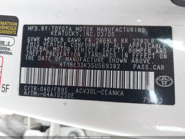 Aukcja sprzedaży 2005 Toyota Camry Le, vin: 4T1BE32K35U569382, numer aukcji: 45212491