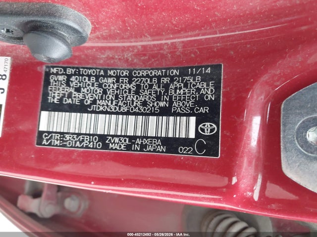 Aukcja sprzedaży 2015 Toyota Prius Two, vin: JTDKN3DU8F0430215, numer aukcji: 45212492