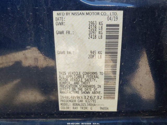 1N4BL4BV9KN326732 Nissan Altima 2.5 S
