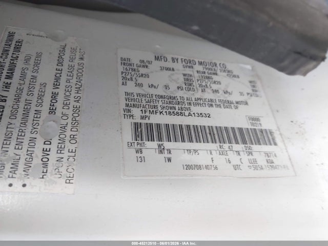 45212510 :رقم المزاد ، 1FMFK18588LA13532 vin ، 2008 Ford Expedition El Eddie Bauer/king Ranch مزاد بيع