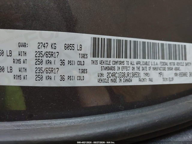 2018 Chrysler Pacifica Touring L Plus მანქანა იყიდება აუქციონზე, vin: 2C4RC1EG8JR130531, აუქციონის ნომერი: 45212520