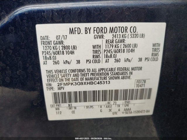 Продажа на аукционе авто 2017 Ford Edge Se, vin: 2FMPK3G9XHBC45313, номер лота: 45212523
