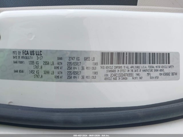 45212524 :رقم المزاد ، 2C4RC1DG5HR703591 vin ، 2017 Chrysler Pacifica Touring مزاد بيع