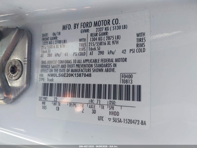 Aukcja sprzedaży 2019 Ford Transit Connect Xl, vin: NM0LS6E20K1387048, numer aukcji: 45212525