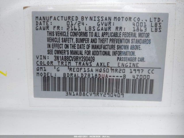 2024 Nissan Sentra Sv Xtronic Cvt მანქანა იყიდება აუქციონზე, vin: 3N1AB8CV9RY290409, აუქციონის ნომერი: 45212531
