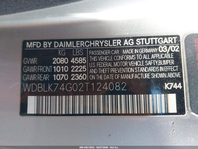 Продаж на аукціоні авто 2002 Mercedes-benz Clk 55 Amg, vin: WDBLK74G02T124082, номер лоту: 45212532
