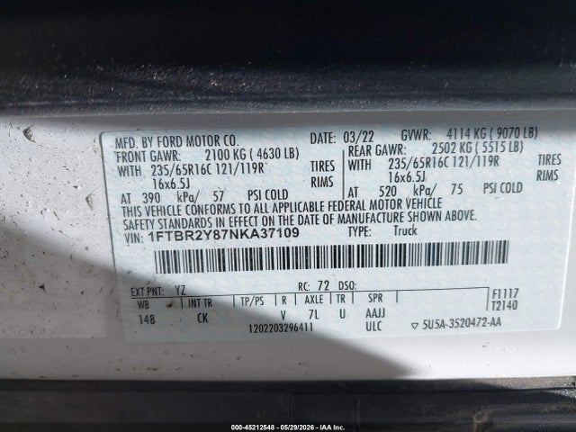 45212548 :رقم المزاد ، 1FTBR2Y87NKA37109 vin ، 2022 Ford Transit-250 مزاد بيع