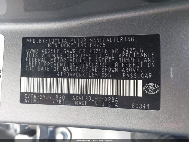 Продаж на аукціоні авто 2026 Toyota Camry Xse, vin: 4T1DAACKXTU651095, номер лоту: 45212549