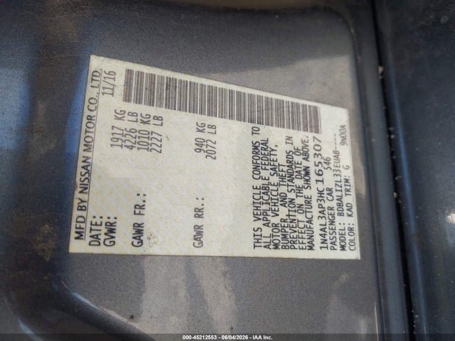 1N4AL3AP3HC165307 Nissan Altima 2.5 Sv