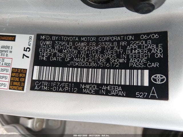 2006 Toyota Prius მანქანა იყიდება აუქციონზე, vin: JTDKB20U867516172, აუქციონის ნომერი: 45212555