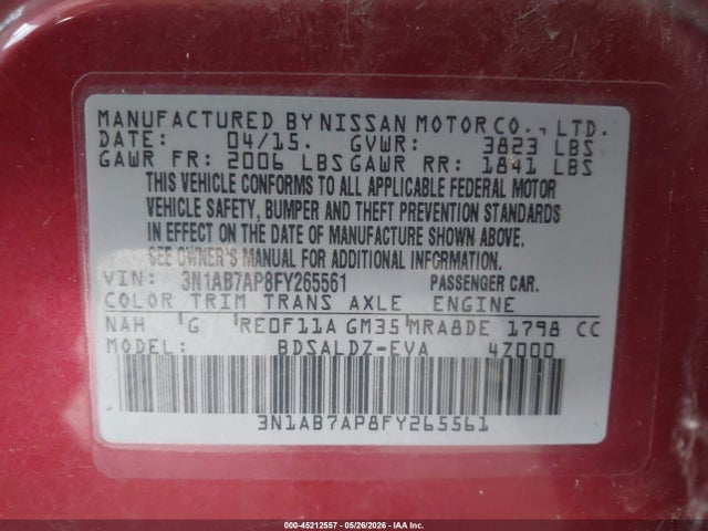 3N1AB7AP8FY265561 Nissan Sentra Fe+ S/s/sl/sr/sv