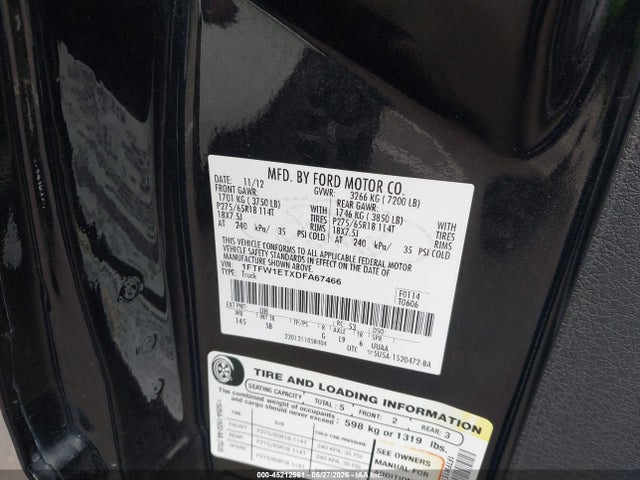 Продажа на аукционе авто 2013 Ford F-150 Fx4, vin: 1FTFW1ETXDFA67466, номер лота: 45212561
