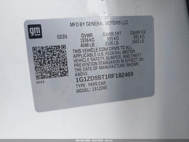 Продаж на аукціоні авто 2024 Chevrolet Malibu Fwd 1lt, vin: 1G1ZD5ST1RF182469, номер лоту: 45212566