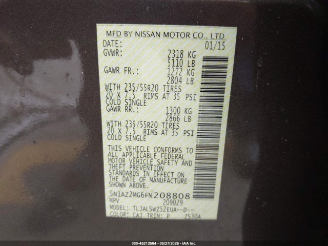5N1AZ2MG6FN208808 Nissan Murano Platinum