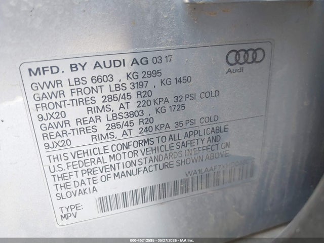 Продажа на аукционе авто 2017 Audi Q7 3.0t Premium, vin: WA1LAAF7XHD048012, номер лота: 45212595
