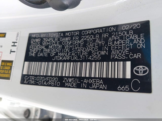Продаж на аукціоні авто 2020 Toyota Prius Le, vin: JTDKARFUXL3114255, номер лоту: 45212608