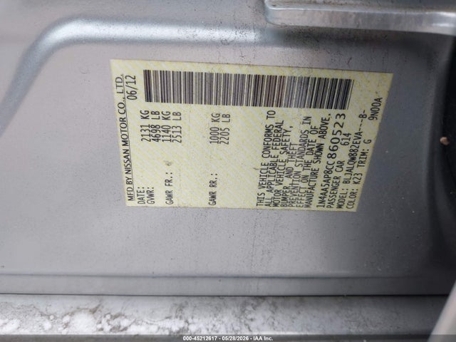 2012 Nissan Maxima 3.5 S მანქანა იყიდება აუქციონზე, vin: 1N4AA5AP8CC860523, აუქციონის ნომერი: 45212617