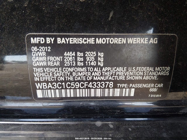 2012 Bmw 328i მანქანა იყიდება აუქციონზე, vin: WBA3C1C59CF433378, აუქციონის ნომერი: 45212619