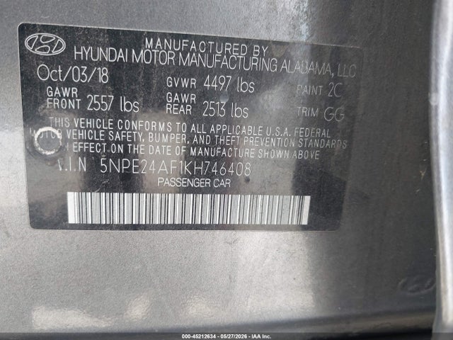 Aukcja sprzedaży 2019 Hyundai Sonata Se, vin: 5NPE24AF1KH746408, numer aukcji: 45212634