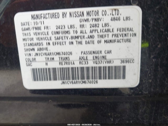 Auction sale of the 2012 Infiniti G37x, vin: JN1CV6AR1CM674026, lot number: 45212635
