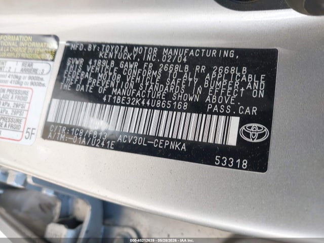 2004 Toyota Camry Le მანქანა იყიდება აუქციონზე, vin: 4T1BE32K44U865168, აუქციონის ნომერი: 45212639