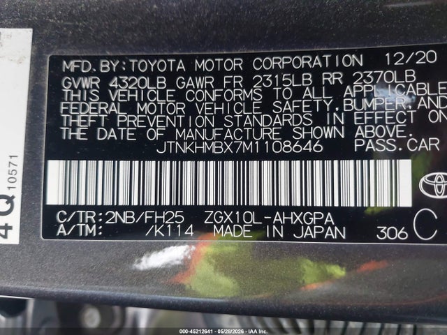 2021 Toyota C-hr Nightshade Edition მანქანა იყიდება აუქციონზე, vin: JTNKHMBX7M1108646, აუქციონის ნომერი: 45212641