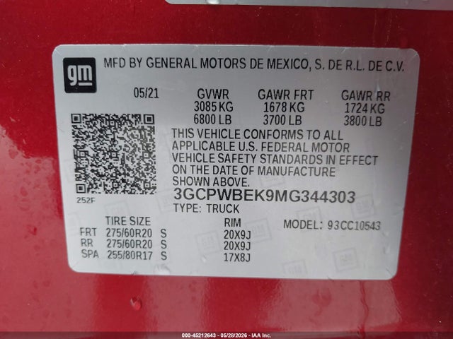 3GCPWBEK9MG344303 Chevrolet Silverado 1500 2wd Short Bed Custom