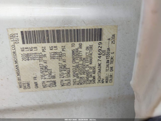 5N1AT3AA1MC746929 Nissan Rogue S Fwd
