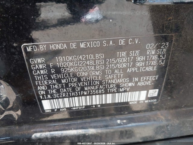 Aukcja sprzedaży 2023 Honda Hr-v 2wd Lx, vin: 3CZRZ1H31PM735685, numer aukcji: 45212657