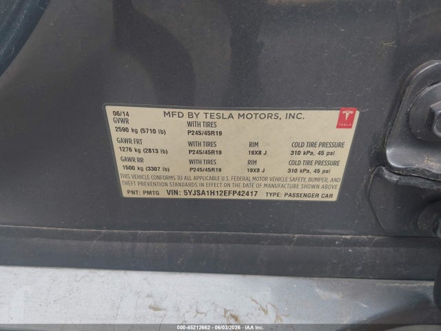 45212662 :رقم المزاد ، 5YJSA1H12EFP42417 vin ، 2014 Tesla Model S P85 مزاد بيع