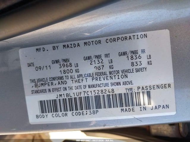 Aukcja sprzedaży 2012 Mazda Mazda3 I Sport, vin: JM1BL1UF7C1528248, numer aukcji: 45212667