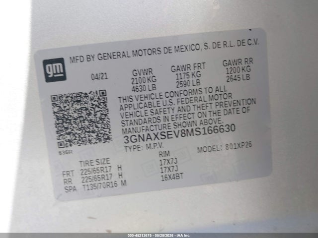 3GNAXSEV8MS166630 Chevrolet Equinox Awd Ls