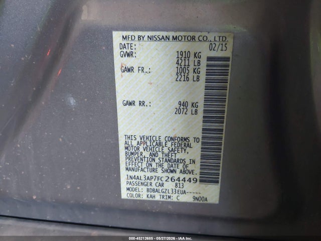 Продажа на аукционе авто 2015 Nissan Altima 2.5 S, vin: 1N4AL3AP7FC264449, номер лота: 45212685
