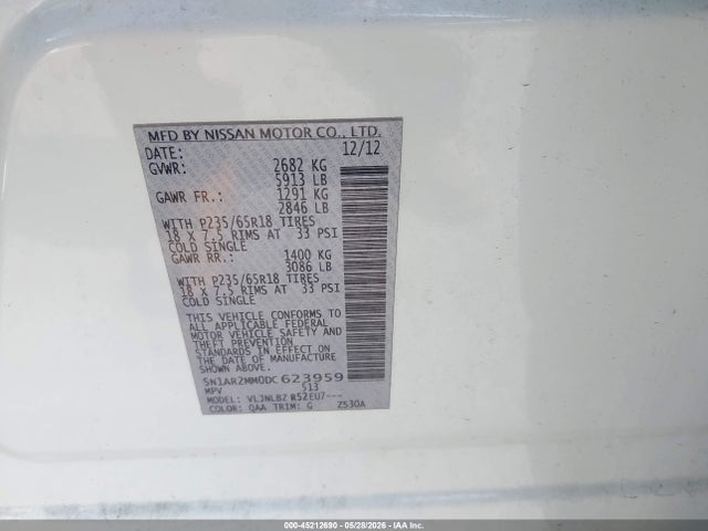 2013 Nissan Pathfinder S მანქანა იყიდება აუქციონზე, vin: 5N1AR2MM0DC623959, აუქციონის ნომერი: 45212690