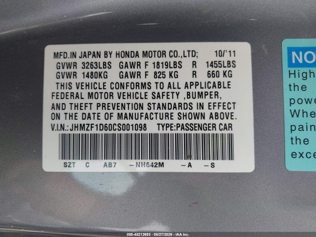 45212693 :رقم المزاد ، JHMZF1D60CS001098 vin ، 2012 Honda Cr-z Ex مزاد بيع