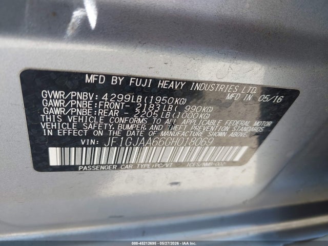 Aukcja sprzedaży 2016 Subaru Impreza 2.0i, vin: JF1GJAA66GH018069, numer aukcji: 45212695