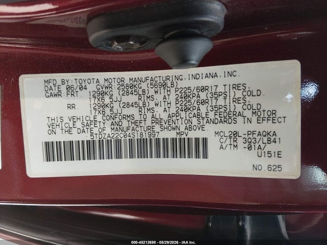 Продаж на аукціоні авто 2004 Toyota Sienna Xle Limited, vin: 5TDZA22C04S181997, номер лоту: 45212698