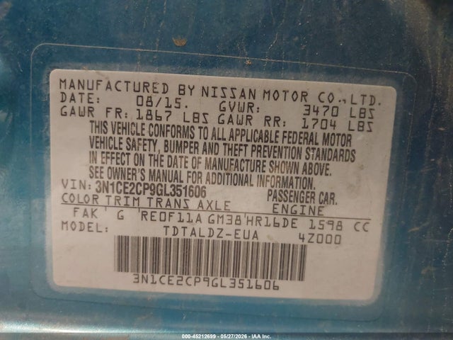 Nissan Versa Note S (sr)/s Plus/sl/sr/sv 2016 3N1CE2CP9GL351606 Image 9