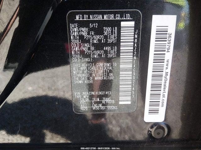 Aukcja sprzedaży 2012 Infiniti Qx56, vin: JN8AZ2NEXC9021453, numer aukcji: 45212700