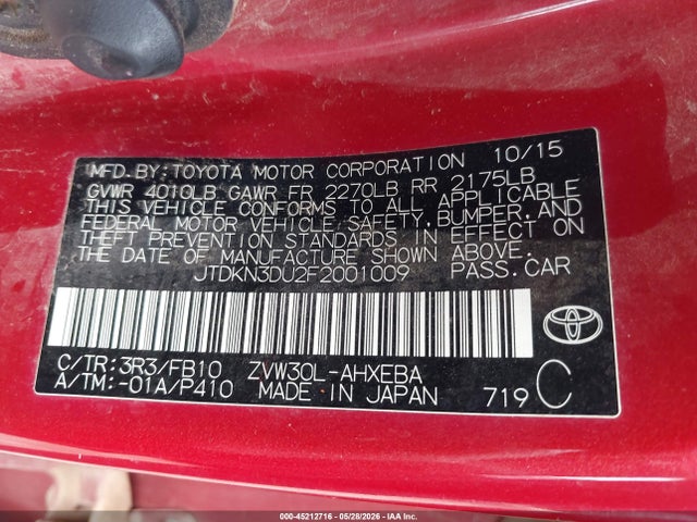 Aukcja sprzedaży 2015 Toyota Prius Two, vin: JTDKN3DU2F2001009, numer aukcji: 45212716
