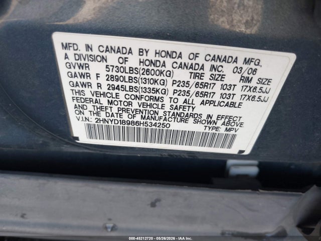 2006 Acura Mdx მანქანა იყიდება აუქციონზე, vin: 2HNYD18986H534250, აუქციონის ნომერი: 45212720