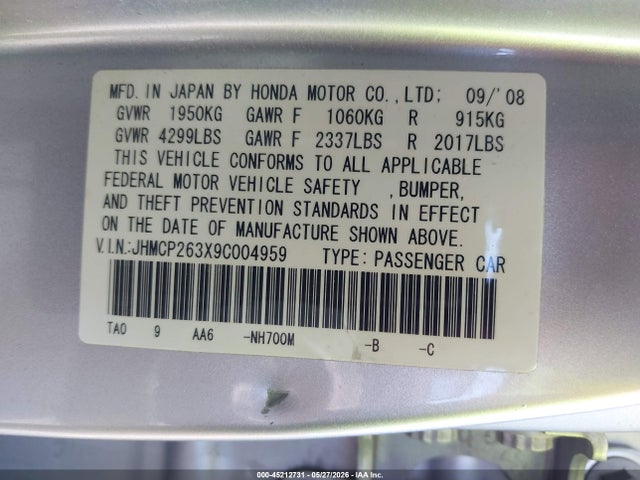 Продажа на аукционе авто 2009 Honda Accord 2.4 Lx, vin: JHMCP263X9C004959, номер лота: 45212731