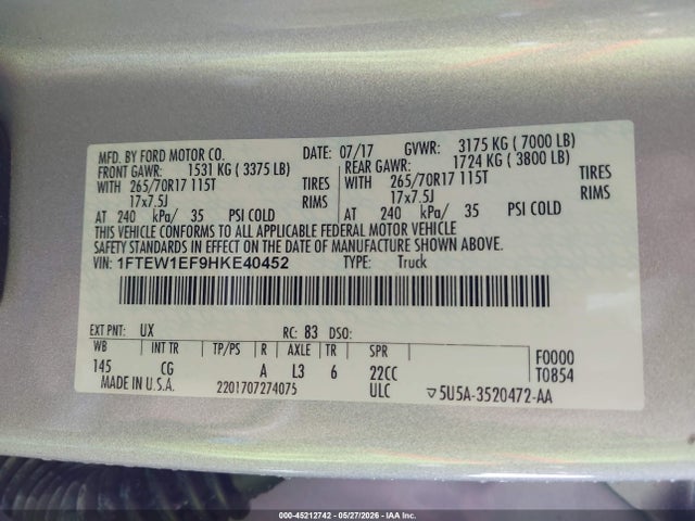 Ford F-150 Xl 2017 1FTEW1EF9HKE40452 Image 9