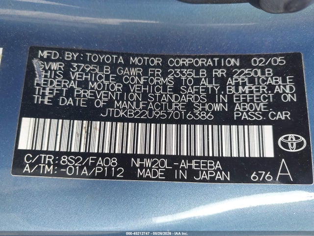 Aukcja sprzedaży 2005 Toyota Prius, vin: JTDKB22U957016386, numer aukcji: 45212747