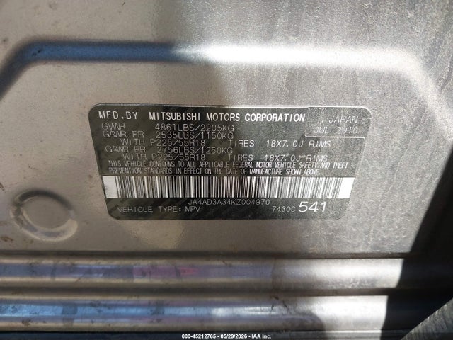 2019 Mitsubishi Outlander Se მანქანა იყიდება აუქციონზე, vin: JA4AD3A34KZ004970, აუქციონის ნომერი: 45212765