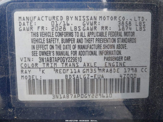 Продаж на аукціоні авто 2016 Nissan Sentra Sl, vin: 3N1AB7AP0GY229610, номер лоту: 45212769