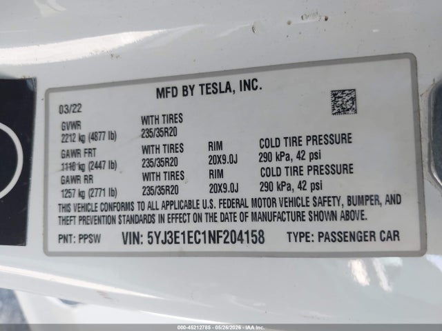 Aukcja sprzedaży 2022 Tesla Model 3 Performance Dual Motor All-wheel Drive, vin: 5YJ3E1EC1NF204158, numer aukcji: 45212785