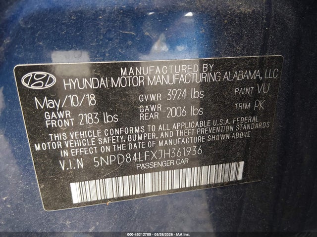 5NPD84LFXJH361936 Hyundai ELANTRA SEL